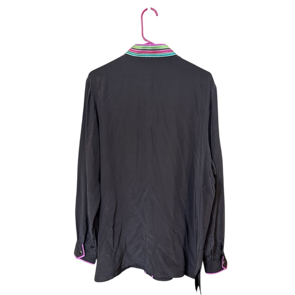 Bob Mackie Wearable Art Black Silk Blouse XL Striped Collar Bow Detail - Picture 8 of 8
